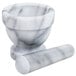 A white marble mortar and pestle set with a wooden handle.