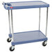 A blue Metro utility cart with black wheels.