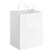 A close-up of a Duro white paper shopping bag with handles.