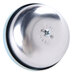 A silver metal door knob with a round hole and a screw.