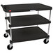 A black Metro utility cart with three black shelves on wheels.