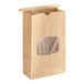 A brown paper bag with a clear plastic window.