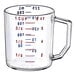 A clear Cambro measuring cup with red and blue measurements.