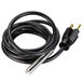 A black cable with a gold plug on the end.