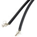 A close-up of a black cable with silver wires connected to a bunch of silver wires.