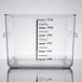 A clear plastic Rubbermaid food storage container with black measuring scale.
