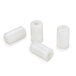 Three white plastic cylinders on a white surface.