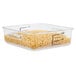 A Rubbermaid clear plastic container with pasta inside.