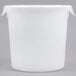 A white plastic round Rubbermaid food storage container with a lid.