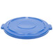 A blue plastic lid for a Rubbermaid BRUTE trash can.