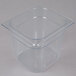 A clear Rubbermaid 1/6 size clear plastic food pan with a lid.