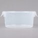 A clear plastic Rubbermaid food storage container with a lid.