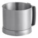 A silver stainless steel bowl with a black handle.