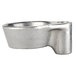 A silver metal pipe clamp with a white background.