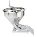 A silver metal funnel with a handle.