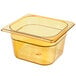 A Rubbermaid amber plastic food pan on a counter.