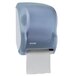 A blue and white San Jamar Tear-N-Dry paper towel dispenser.