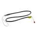 A black cable with a white background and a red connector, with a white wire and a yellow tag.