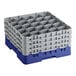 A navy blue plastic Cambro glass rack with extenders and grey handles.