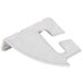 A white metal bracket for a hinge with a small hole.