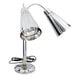 A silver Hanson Heat Lamps freestanding heat lamp with two shades.