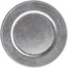 A white plastic charger plate with a beaded silver trim.