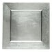 A set of 12 square silver plastic charger plates with a square edge.
