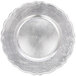A close up of a silver Charge It by Jay Regency plastic charger plate with a scalloped edge.