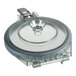 A clear circular lid with a metal handle for a Robot Coupe food processor.