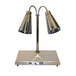 A silver Hanson Heat Lamps carving station with two lamps on a metal surface.