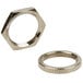 A close-up of two silver metal hexagon nuts with a ring on top.