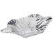 A clear glass bowl with a wavy silver foil crab shell.