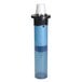 A blue and black cylinder with white and blue caps on a tube.