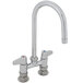 A chrome Equip by T&S deck-mounted faucet with gooseneck spout and lever handles.