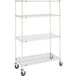 A chrome Metro mobile wire shelving unit with polyurethane casters.