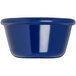 A close up of a Carlisle cobalt blue ramekin.