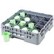 A plastic container with a soft gray Cambro glass rack holding green mugs and cups.