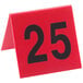 A red Cal-Mil table tent with the number twenty five in black.