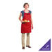 A woman in a red Chef Revival apron holding a tray of bread.