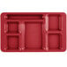 A red rectangular Cambro serving tray with six compartments.