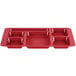A red Cambro serving tray with six compartments.
