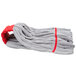 a grey blanket with red stitching