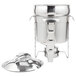 A Vollrath Maximillian steel soup marmite with stainless steel accents.