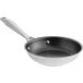 A close-up of a Vollrath stainless steel non-stick fry pan with a black and white base and handle.