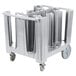 A grey plastic cart with a grey plastic container on wheels with four compartments.