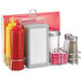 A Tablecraft metal diner rack holding condiments including a red and white container.
