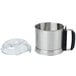 A silver stainless steel bowl with a plastic lid for a Robot Coupe food processor.