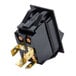 A black electrical switch with gold metal contacts.