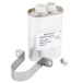 A small metal container with white caps and screws, including a capacitor with a white cap.