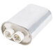 A silver metal capacitor with two white wires.